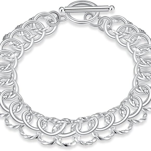 Jewelry - Fashion Sterling Silver 2 Layers Twisted Link Chain Bracelet with Diamond Cut Hi